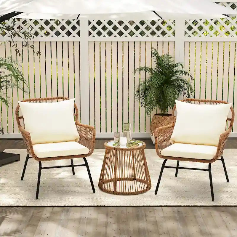 Ensemble de bistro 3 pièces pour terrasse, salon de jardin en rotin tressé avec table en verre et 2 fauteuils larges, coussins d'assise