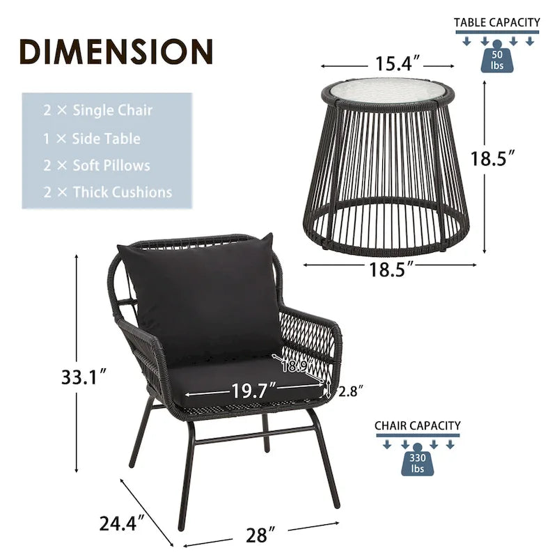 Ensemble de bistro 3 pièces pour terrasse, salon de jardin en rotin tressé avec table en verre et 2 fauteuils larges, coussins d'assise