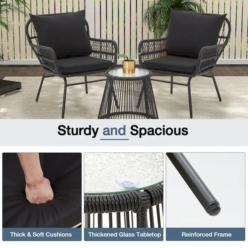 Ensemble de bistro 3 pièces pour terrasse, salon de jardin en rotin tressé avec table en verre et 2 fauteuils larges, coussins d'assise
