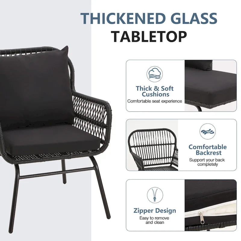 Ensemble de bistro 3 pièces pour terrasse, salon de jardin en rotin tressé avec table en verre et 2 fauteuils larges, coussins d'assise