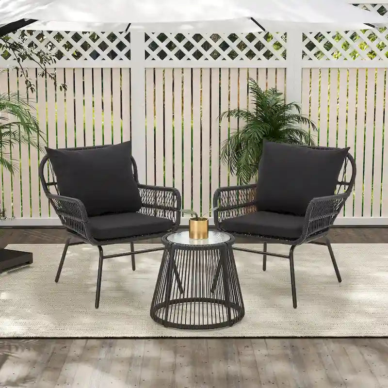 Ensemble de bistro 3 pièces pour terrasse, salon de jardin en rotin tressé avec table en verre et 2 fauteuils larges, coussins d'assise