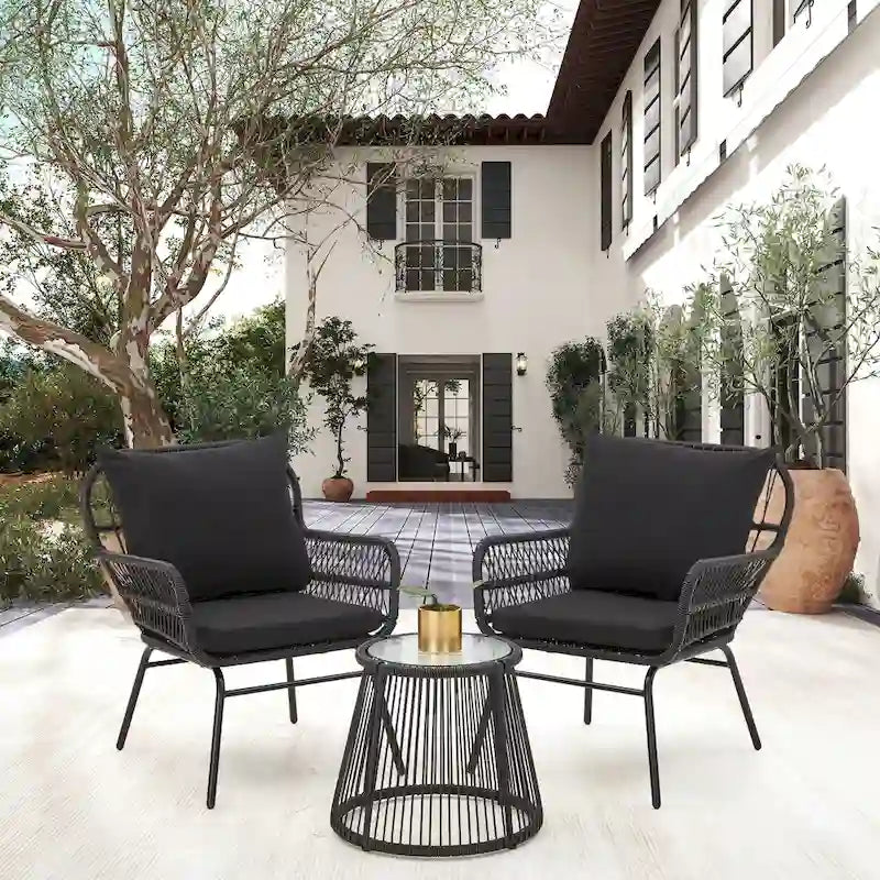 Ensemble de bistro 3 pièces pour terrasse, salon de jardin en rotin tressé avec table en verre et 2 fauteuils larges, coussins d'assise