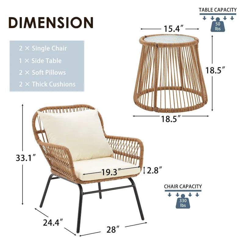Ensemble de bistro 3 pièces pour terrasse, salon de jardin en rotin tressé avec table en verre et 2 fauteuils larges, coussins d'assise