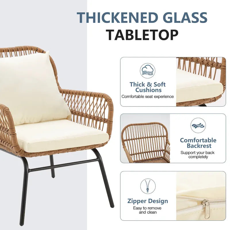 Ensemble de bistro 3 pièces pour terrasse, salon de jardin en rotin tressé avec table en verre et 2 fauteuils larges, coussins d'assise