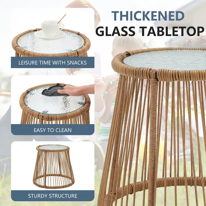 Ensemble de bistro 3 pièces pour terrasse, salon de jardin en rotin tressé avec table en verre et 2 fauteuils larges, coussins d'assise