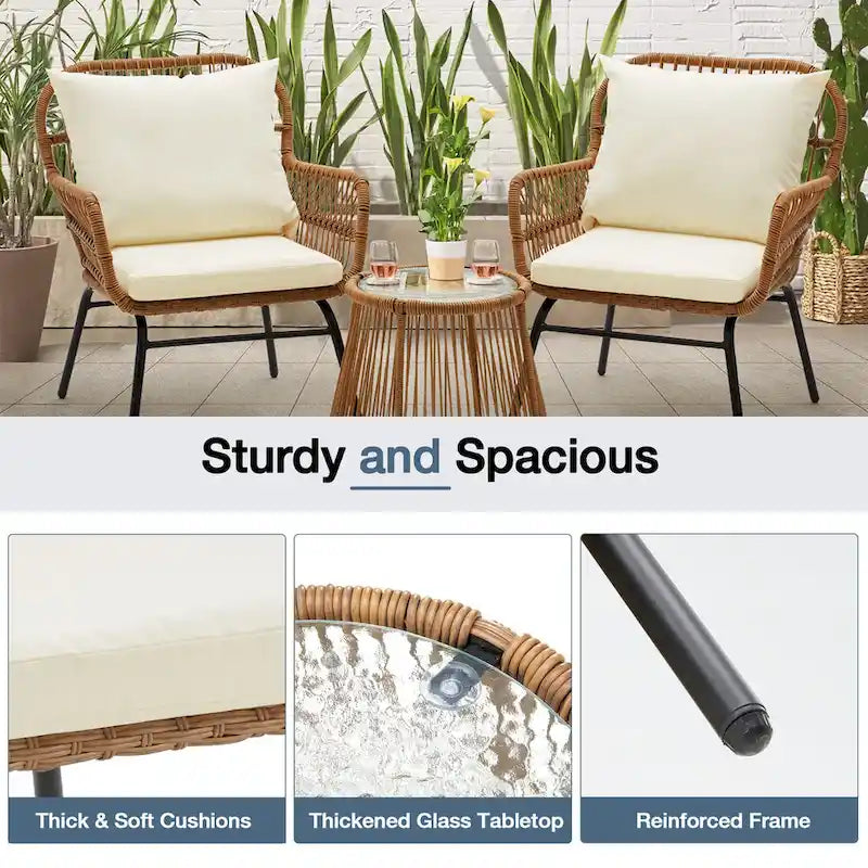 Ensemble de bistro 3 pièces pour terrasse, salon de jardin en rotin tressé avec table en verre et 2 fauteuils larges, coussins d'assise