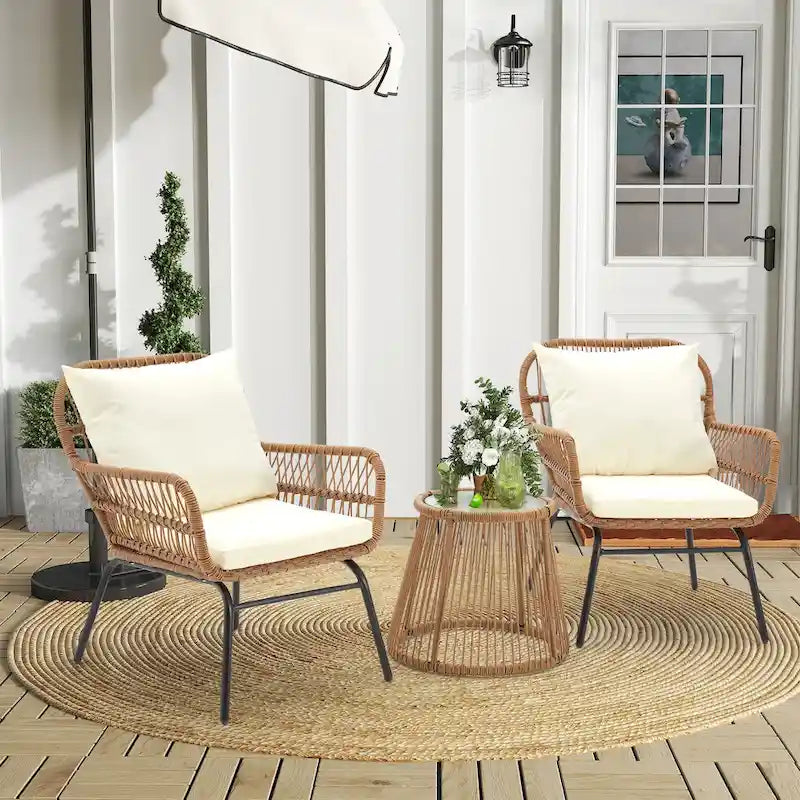 Ensemble de bistro 3 pièces pour terrasse, salon de jardin en rotin tressé avec table en verre et 2 fauteuils larges, coussins d'assise