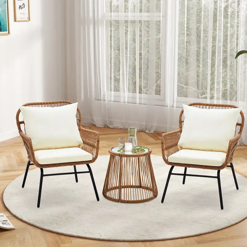 Ensemble de bistro 3 pièces pour terrasse, salon de jardin en rotin tressé avec table en verre et 2 fauteuils larges, coussins d'assise
