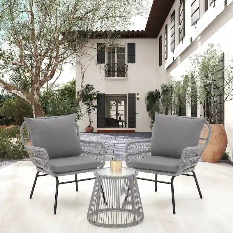 Ensemble de bistro 3 pièces pour terrasse, salon de jardin en rotin tressé avec table en verre et 2 fauteuils larges, coussins d'assise