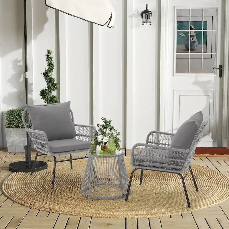 Ensemble de bistro 3 pièces pour terrasse, salon de jardin en rotin tressé avec table en verre et 2 fauteuils larges, coussins d'assise