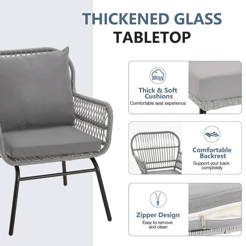 Ensemble de bistro 3 pièces pour terrasse, salon de jardin en rotin tressé avec table en verre et 2 fauteuils larges, coussins d'assise