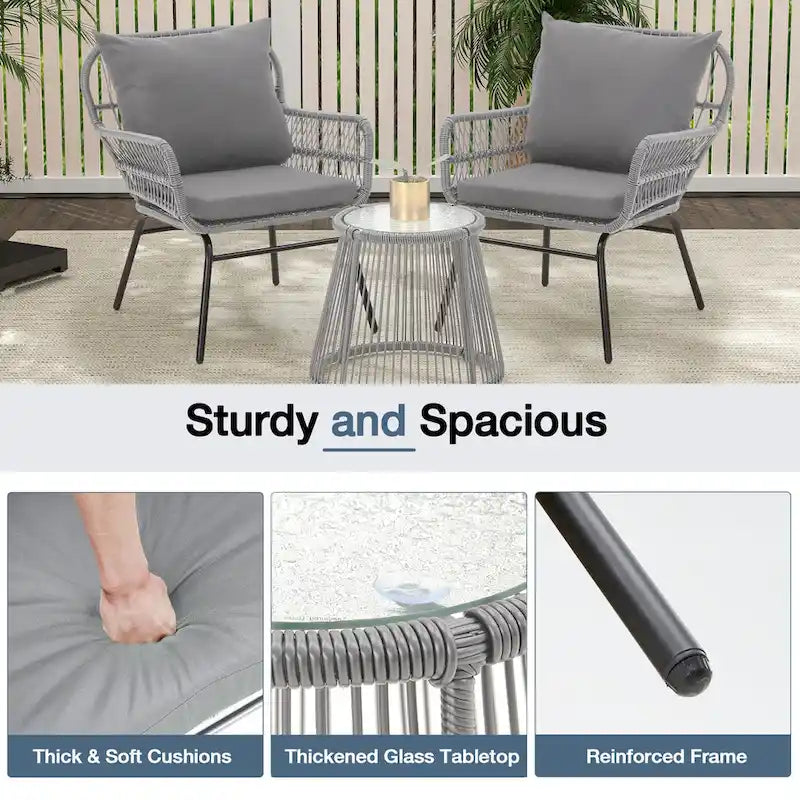 Ensemble de bistro 3 pièces pour terrasse, salon de jardin en rotin tressé avec table en verre et 2 fauteuils larges, coussins d'assise