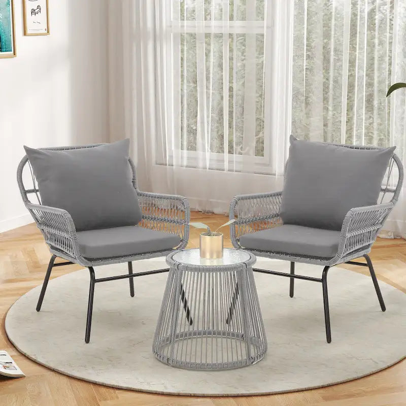 Ensemble de bistro 3 pièces pour terrasse, salon de jardin en rotin tressé avec table en verre et 2 fauteuils larges, coussins d'assise