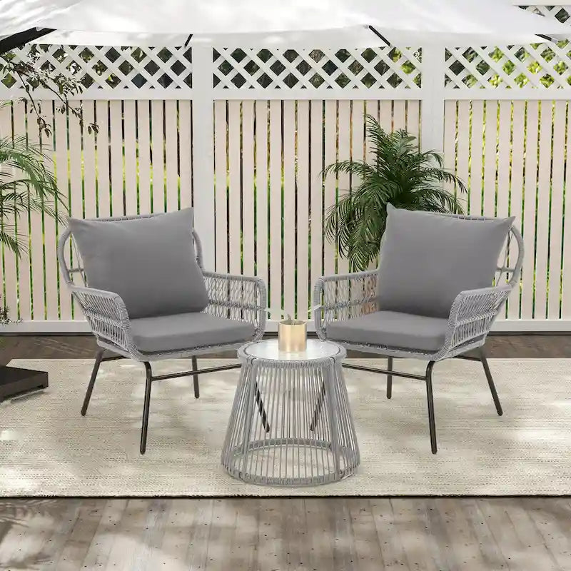 Ensemble de bistro 3 pièces pour terrasse, salon de jardin en rotin tressé avec table en verre et 2 fauteuils larges, coussins d'assise