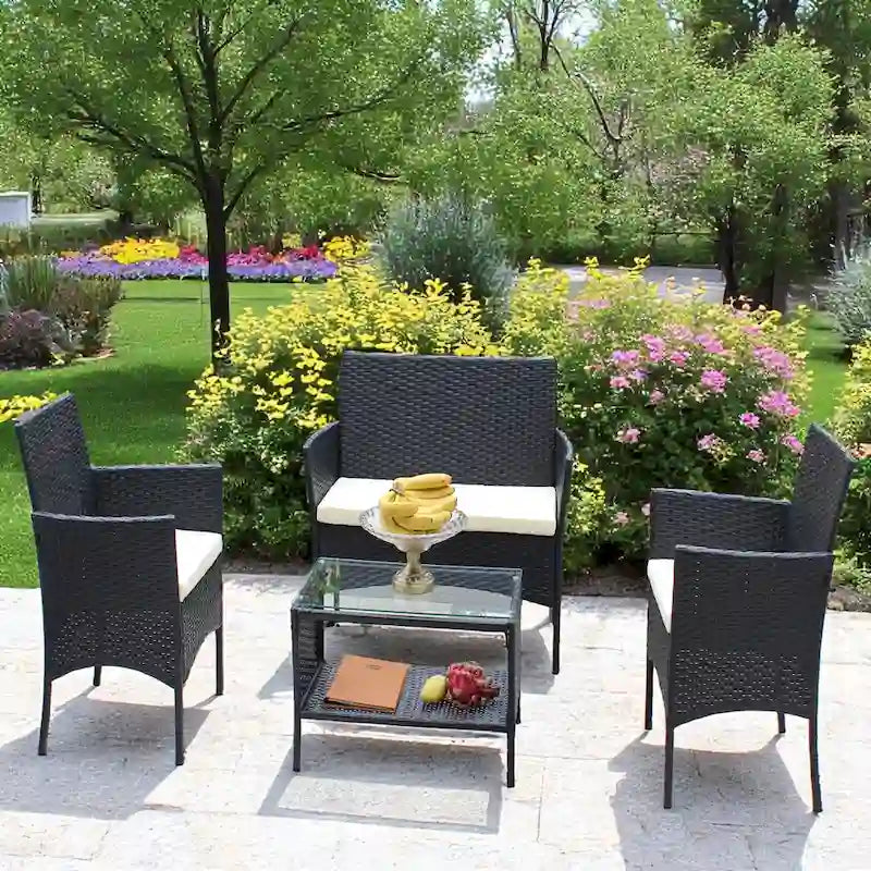 Ensemble de mobilier de patio en osier avec causeuse, fauteuils et table - Canapé d'extérieur en osier avec coussins pour patio