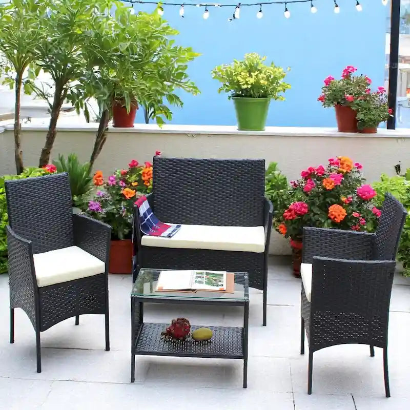 Ensemble de mobilier de patio en osier avec causeuse, fauteuils et table - Canapé d'extérieur en osier avec coussins pour patio