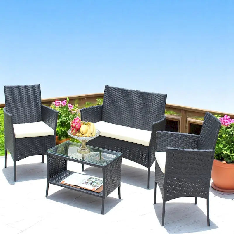 Ensemble de mobilier de patio en osier avec causeuse, fauteuils et table - Canapé d'extérieur en osier avec coussins pour patio