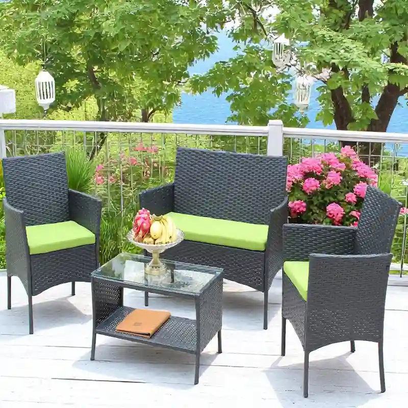 Ensemble de mobilier de patio en osier avec causeuse, fauteuils et table - Canapé d'extérieur en osier avec coussins pour patio