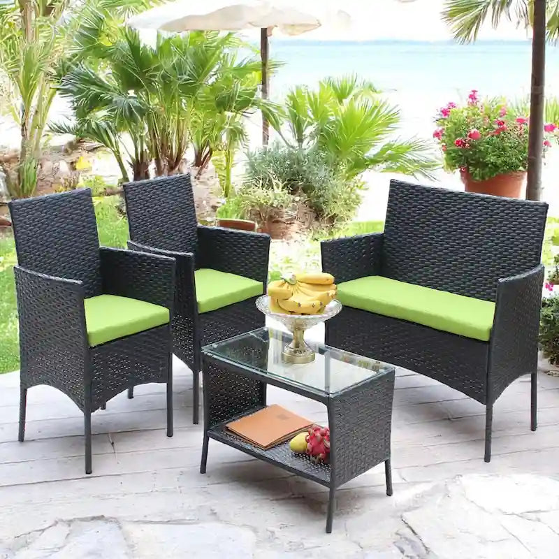 Ensemble de mobilier de patio en osier avec causeuse, fauteuils et table - Canapé d'extérieur en osier avec coussins pour patio