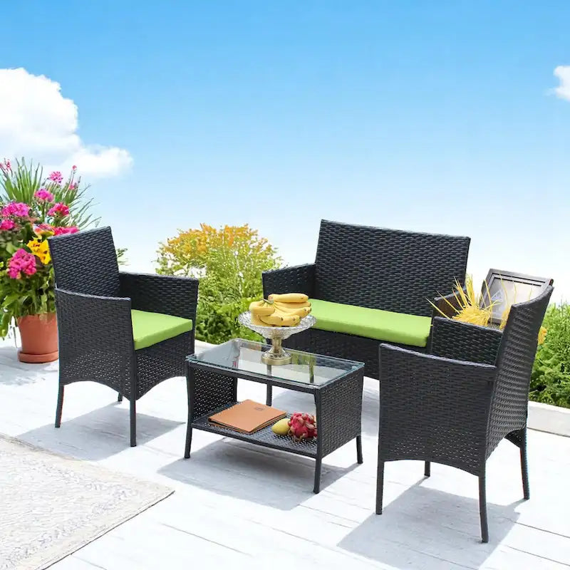 Ensemble de mobilier de patio en osier avec causeuse, fauteuils et table - Canapé d'extérieur en osier avec coussins pour patio
