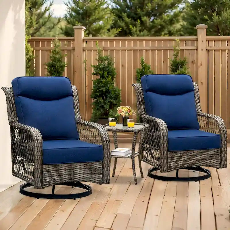 Wicker Patio Conversation Set Outdoor Swivel Chairs Rocking Charis Set with 5 Inch Thick Cushion for Backyard