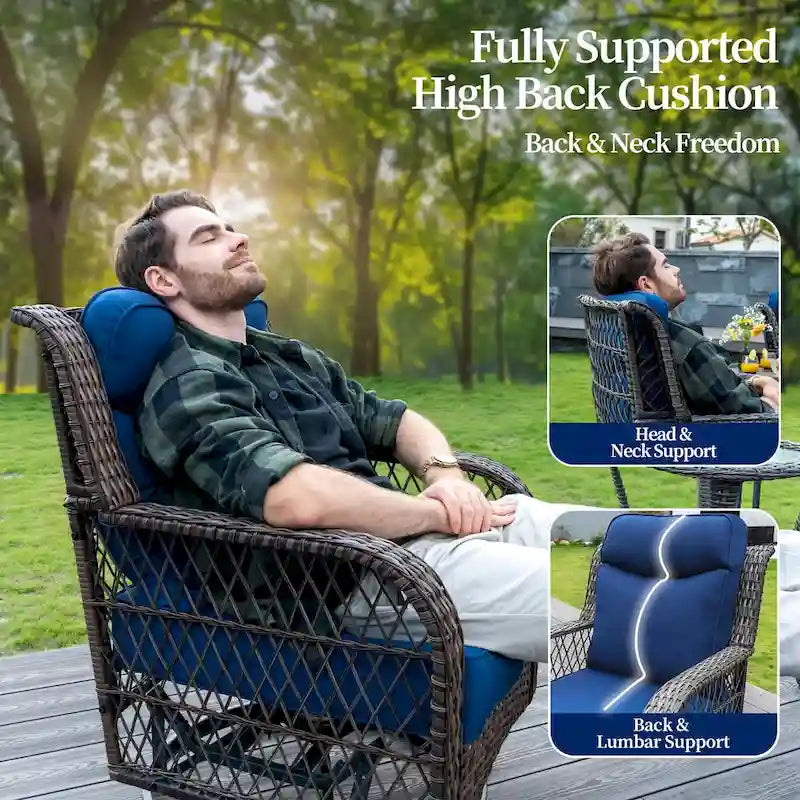 Ensemble de conversation en osier pour patio, chaises pivotantes d'extérieur, ensemble de chaises berçantes avec coussin de 5 pouces d'épaisseur pour le jardin