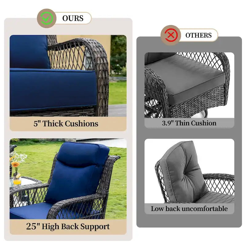 Ensemble de conversation en osier pour patio, chaises pivotantes d'extérieur, ensemble de chaises berçantes avec coussin de 5 pouces d'épaisseur pour le jardin