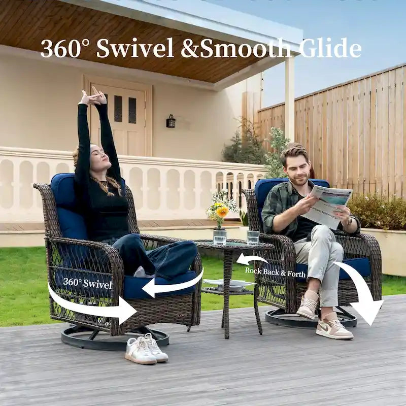 Ensemble de conversation en osier pour patio, chaises pivotantes d'extérieur, ensemble de chaises berçantes avec coussin de 5 pouces d'épaisseur pour le jardin