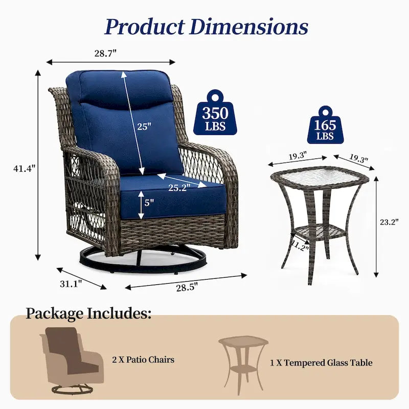 Ensemble de conversation en osier pour patio, chaises pivotantes d'extérieur, ensemble de chaises berçantes avec coussin de 5 pouces d'épaisseur pour le jardin