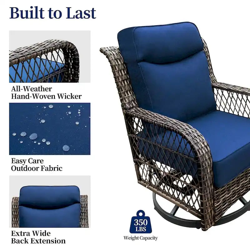 Ensemble de conversation en osier pour patio, chaises pivotantes d'extérieur, ensemble de chaises berçantes avec coussin de 5 pouces d'épaisseur pour le jardin