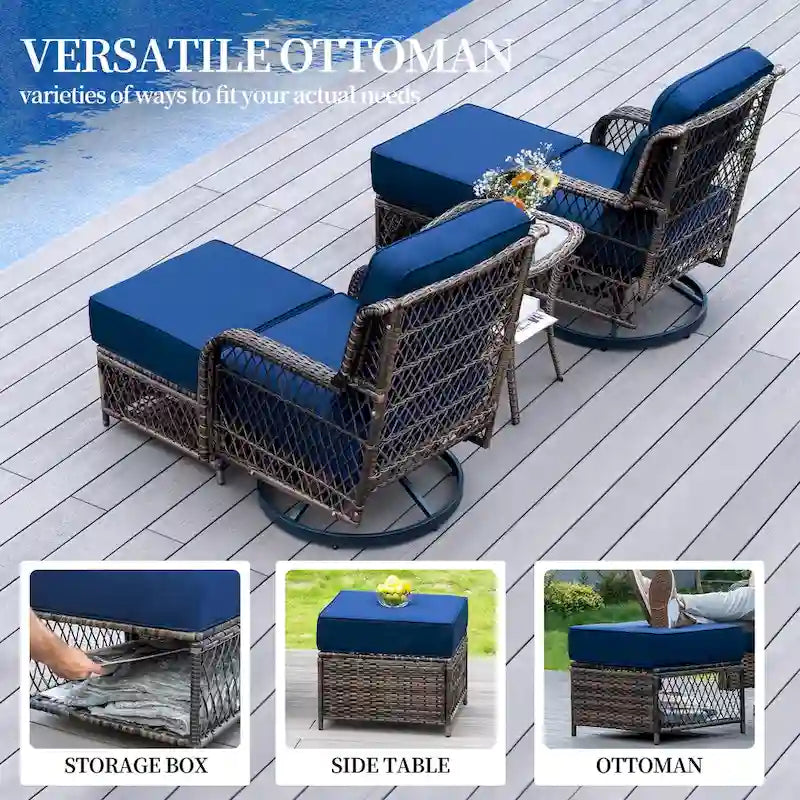 Ensemble de conversation en osier pour patio, chaises pivotantes d'extérieur, ensemble de chaises berçantes avec coussin de 5 pouces d'épaisseur pour le jardin