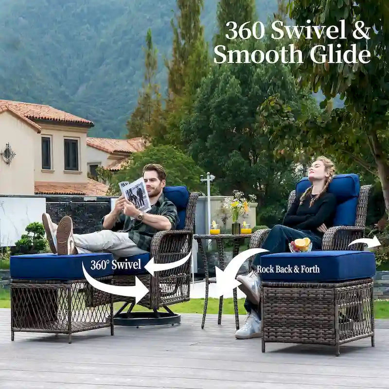 Ensemble de conversation en osier pour patio, chaises pivotantes d'extérieur, ensemble de chaises berçantes avec coussin de 5 pouces d'épaisseur pour le jardin