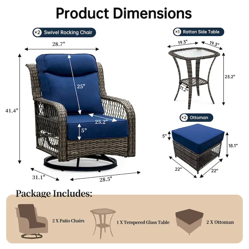 Ensemble de conversation en osier pour patio, chaises pivotantes d'extérieur, ensemble de chaises berçantes avec coussin de 5 pouces d'épaisseur pour le jardin