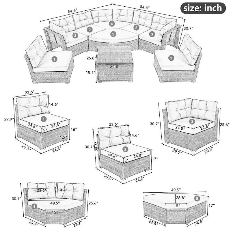 Ensemble de meubles de patio en rotin avec coussins et table basse