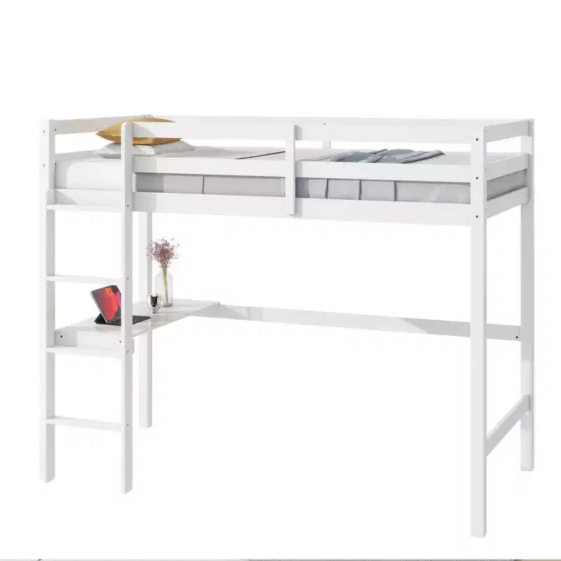 Lit mezzanine Okak Minimalism avec échelle, lit mezzanine simple en bois d'hévéa avec garde-corps de sécurité et bureau intégré, cadres de lit pour enfants, adolescents