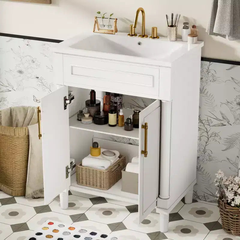 Meuble-lavabo de 24 po avec évier en céramique, armoire Shaker, 2 portes à fermeture amortie, cadre en bois massif pour petite salle de bain ou salle d'eau
