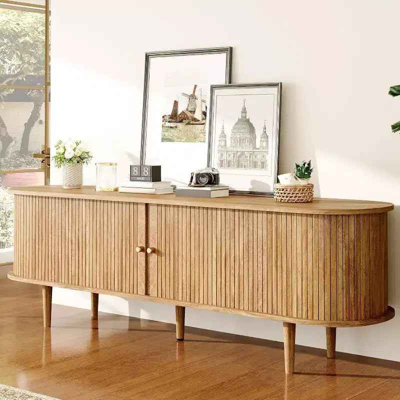 Meuble TV AMERLIFE 70 avec pieds en bois massif, console TV de style moderne du milieu du siècle avec porte à tambour
