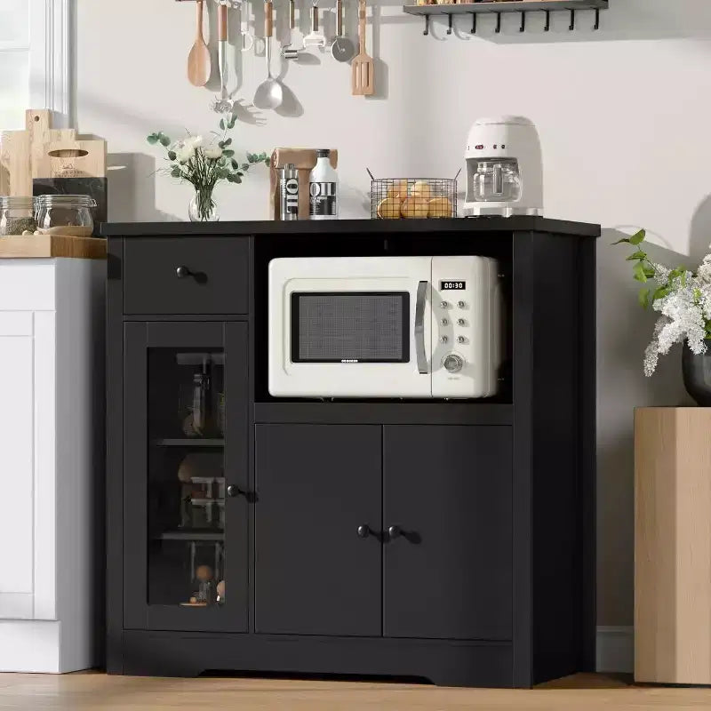 Meuble de rangement pour micro-ondes de cuisine avec 3 portes, 1 tiroir et étagères réglables, Armoire de rangement pour garde-manger