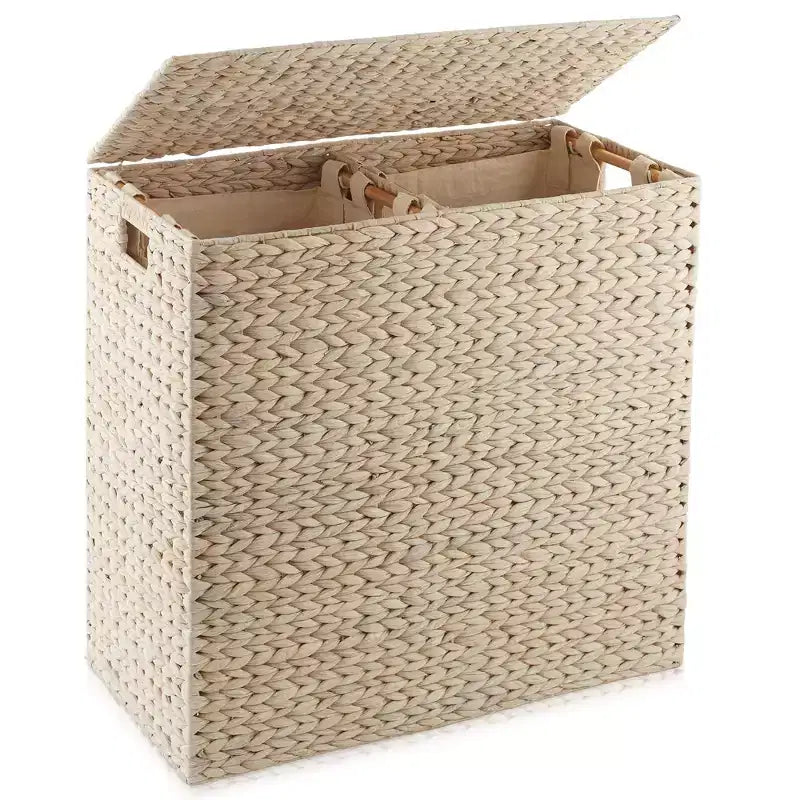 Panier à linge Casafield à 2 sections avec couvercle et sacs de doublure amovibles, trieur de linge tressé en jacinthe d'eau pour vêtements