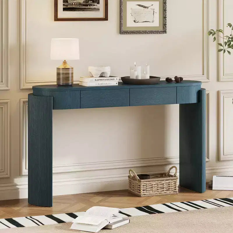 Console Merax moderne avec plateau ovale, pieds cannelés courbés et deux tiroirs dissimulés