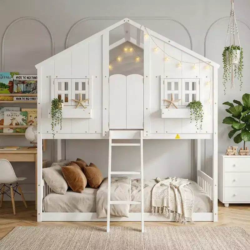 Lit mezzanine cabane de taille double, lit mezzanine cabane en bois avec échelle et barrières de sécurité pour enfants