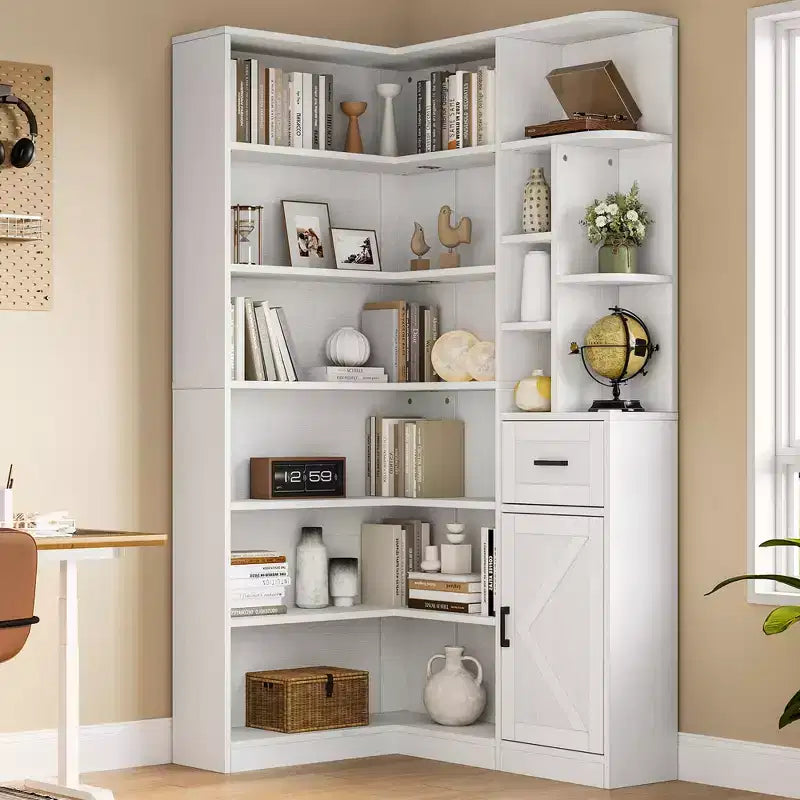 Étagère d'angle, étagères d'angle hautes de 74 po, bibliothèque en L à 6 niveaux avec étagères ouvertes et tiroirs de rangement pour le salon ou le bureau à domicile