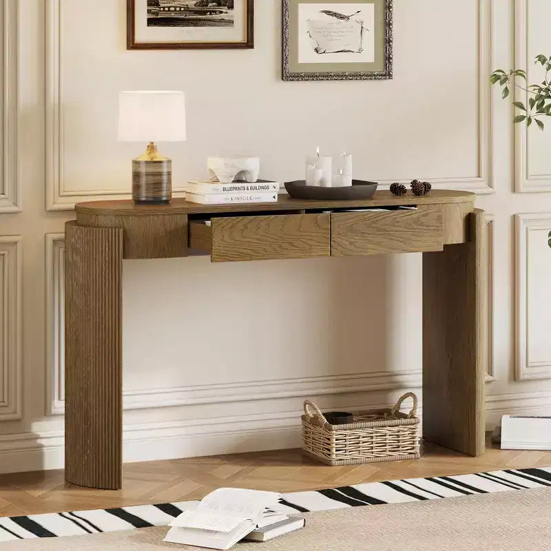 Console Merax moderne avec plateau ovale, pieds cannelés courbés et deux tiroirs dissimulés