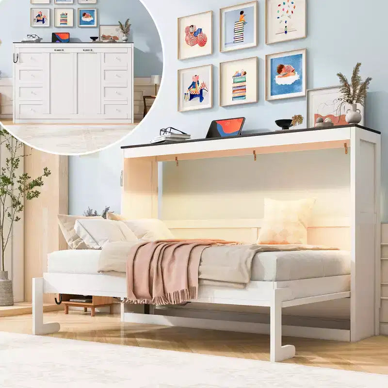 Lit escamotable double avec éclairage LED, peut être plié en armoire, armoire-lit murale dissimulée pour chambre d'amis