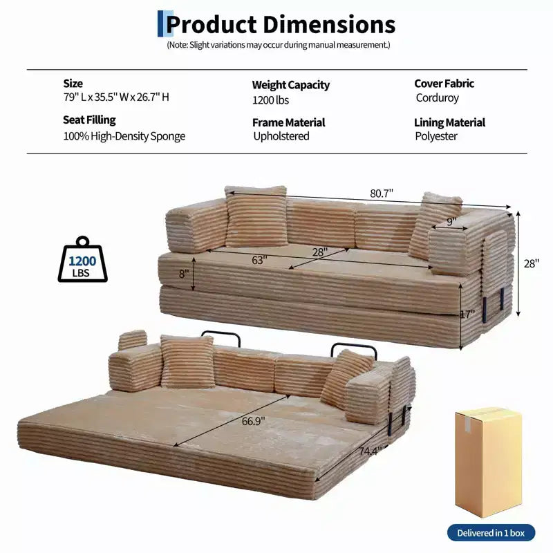 Canapé-lit convertible 5-en-1 80,7 po – Velours côtelé, 1200 lb, Aucun assemblage