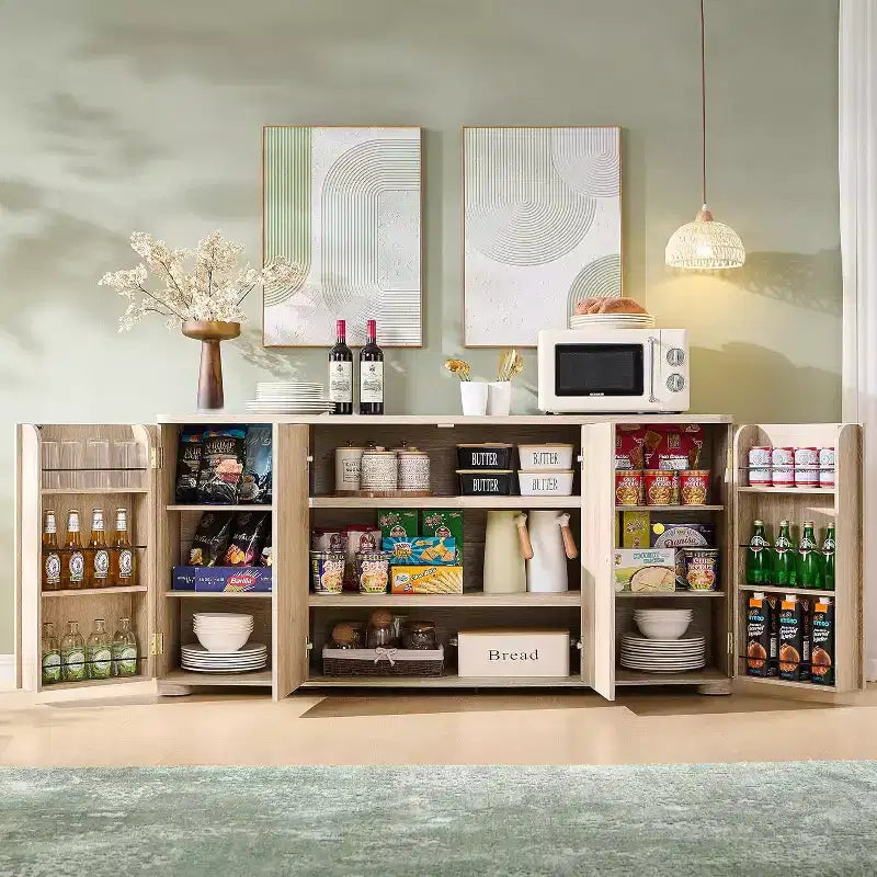 Buffet de cuisine avec 4 portes et étagères, grand buffet de rangement moderne, buffet de rangement de 66 po pour bar à café