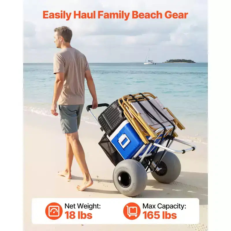 Chariot de plage VEVOR avec grandes roues pour le sable, plateforme de chargement 50,8 x 38,1 cm, chariot de sable pliant avec 2 roues ballon, capacité de charge 75 kg, argenté+noir