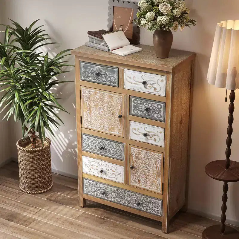 Commode d'appoint vintage en bois avec 6 tiroirs et 2 placards, commode de rangement sculptée multicolore rustique pour salon