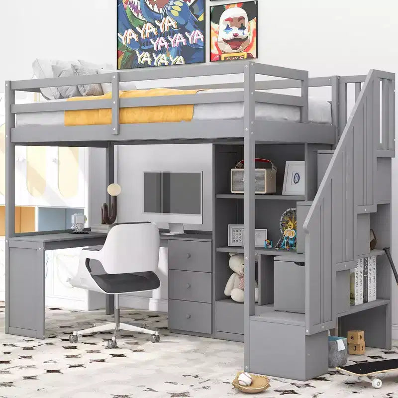 Lit mezzanine une place avec bureau en L, 3 tiroirs, placard, rangements intégrés dans l'escalier, en pin massif/MDF