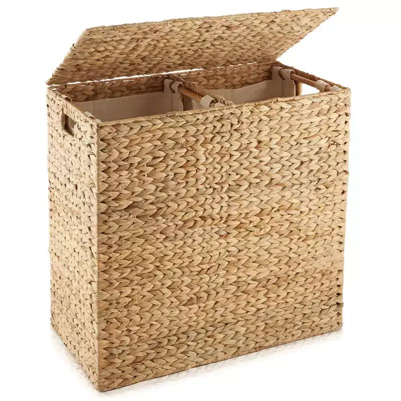 Panier à linge Casafield à 2 sections avec couvercle et sacs de doublure amovibles, trieur de linge tressé en jacinthe d'eau pour vêtements